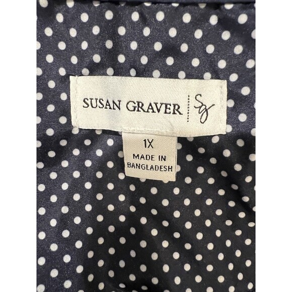 Susan Graver Navy Polka Dot Hooded Packable Rain Jacket with full zip front 1X - Picture 9 of 10
